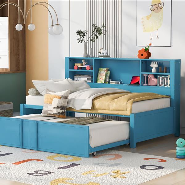 Metal Twin Size Daybed with Twin Size Trundle, Storage Shelves and USB Ports, Blue