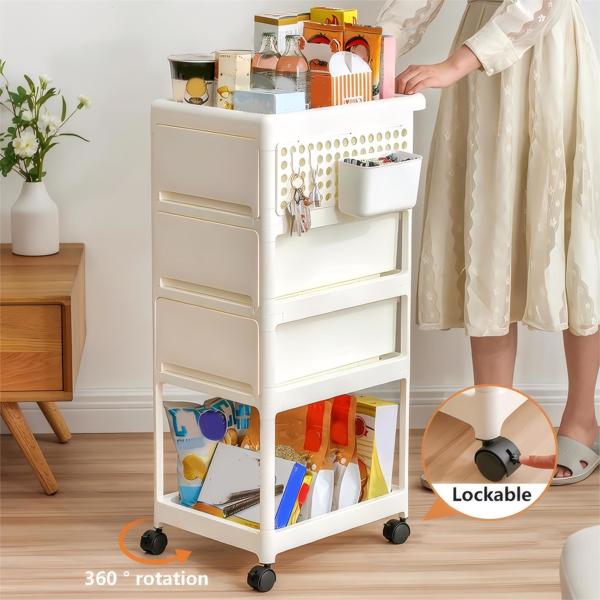 Storage Stroller - 4 layer, storage for bedroom, living room, kitchen,restroom,Flexible to move, Can put toys, snacks, tools, pet supplies,PP material is safe and durable 