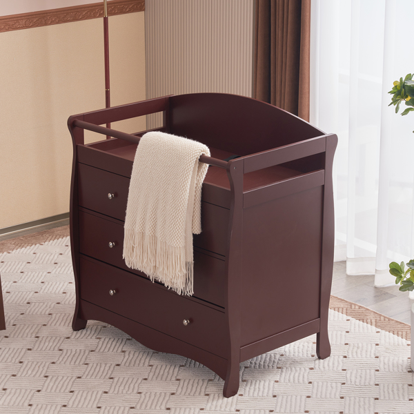 【Old Code:62594198】90*58*99cm Three Drawers With Seat Belt Baby Wooden Bed Nursing Table Brown