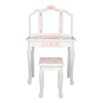 Wooden Toy Children\\'s Dressing Table Three Foldable Mirror/Chair/Single Drawer Pink Star Style