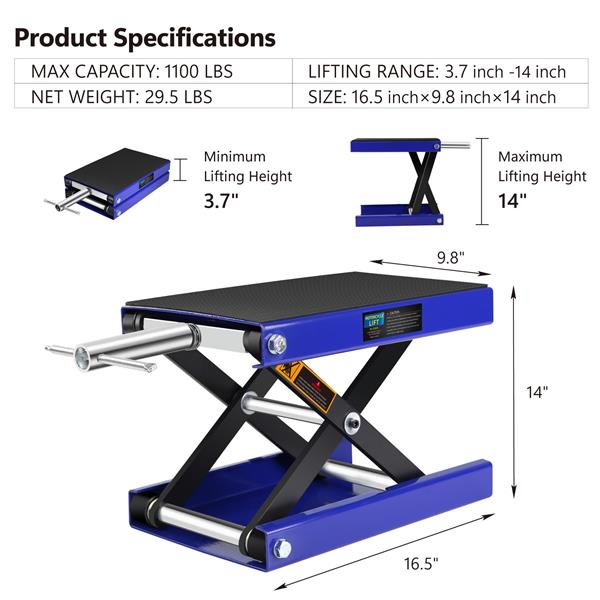 Motorcycle Lift, 1100 LBS Motorcycle Scissor Lift Jack with Wide Deck & Safety Pin, 3.7"-14" Center Hoist Crank Stand, Steel Scissor Jack for Street Bikes, Cruiser Bikes, Touring Motorcycles