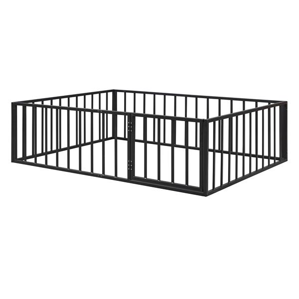 Full Size Metal Floor Bed Frame with Fence and Door, Black