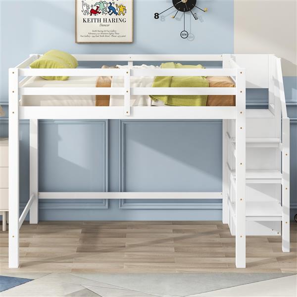 Full Size Loft Bed with Built-in Storage Wardrobe and Staircase, White