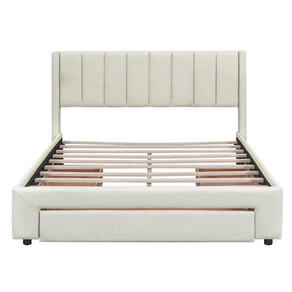 Full Size Upholstered Platform Bed with One Large Drawer in the Footboard and Drawer on Each Side,Beige