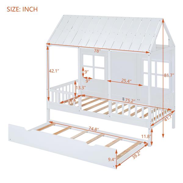 Twin Size Wood House Bed With Twin Size Trundle, Wooden Daybed, White