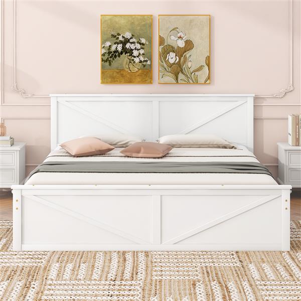 King Size Wooden Platform Bed with Four Storage Drawers and Support Legs, White