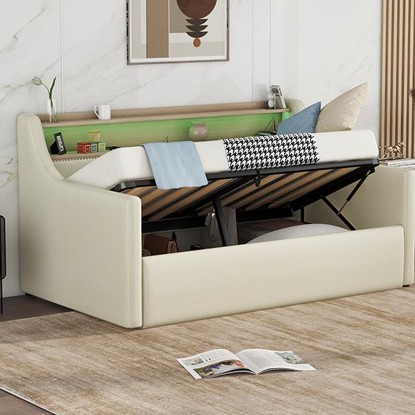 Twin Size Daybed with Hydraulic Storage, Upholstered Daybed with Lift Up Storage, Twin Leather Daybed with Charging Station and LED Lights,Beige