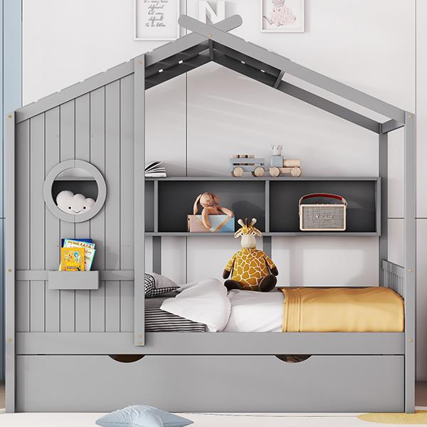 Wooden Full Size House Bed With Trundle, Modern Design for Kids with Storage Shlef, Gray