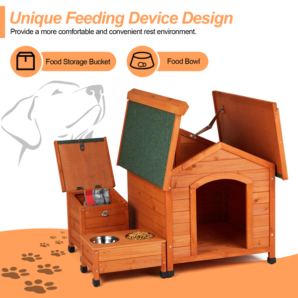  88*106*77cm Wooden Feral  Dog House for Outdoor and Indoor, Pet House with  Food Bowl& Food Storage Bucket