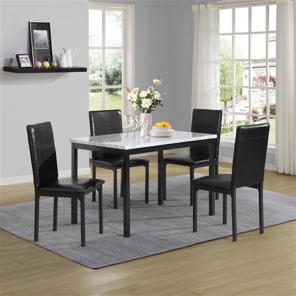 5-Piece Metal Dinette Set with Laminated Off-white Faux Marble Top, 4 Black Chairs