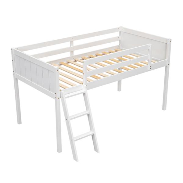 Twin Size Wood Low Loft Bed with Ladder, ladder can be placed on the left or right, White