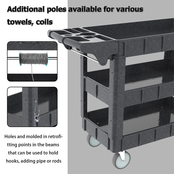 Utility Carts with Wheels, 3 Shelf Heavy Duty Plastic Service Cart 600lbs Capacity with Ergonomic Storage Handle and Deep Shelves for Garage, Warehouse, Office and Workshop