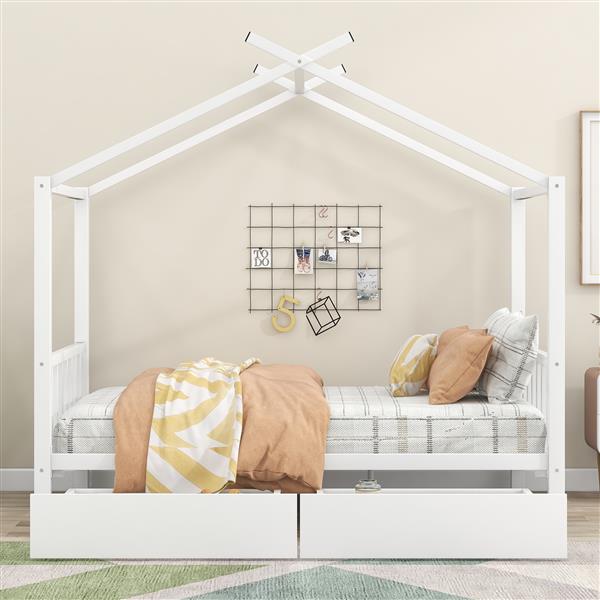 Full Size Metal House Platform Bed with Two Drawers,Headboard and Footboard,Roof Design,White