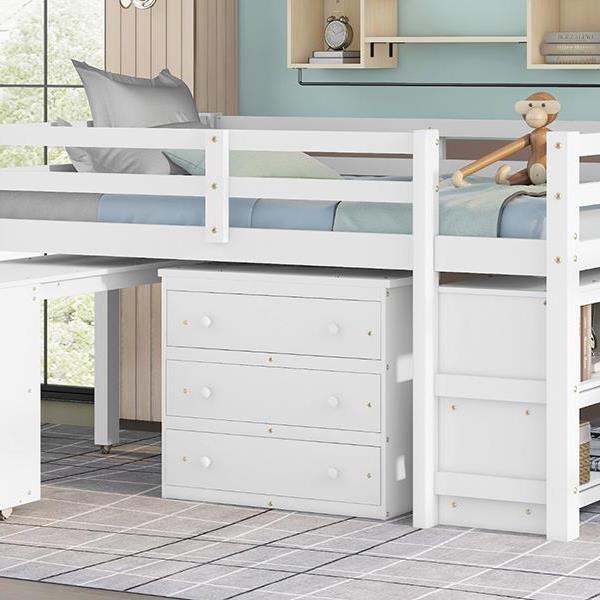 Low Study Full Loft Bed with Cabinet ,Shelves and Rolling Portable Desk ,Multiple Functions Bed- White