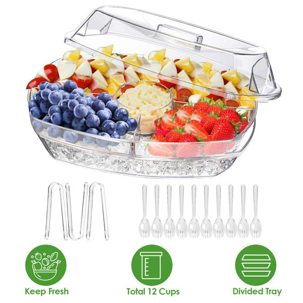 Fruit Ice Serving Tray Chilled Veggie Tray Shrimp Cocktail Serving Dish Appetizer Party Serving Platter Cold Food Buffet Server with Lid and 4 Compartments 3 Tongs 10 Sporks