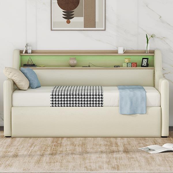 Twin Size Daybed with Hydraulic Storage, Upholstered Daybed with Lift Up Storage, Twin Leather Daybed with Charging Station and LED Lights,Beige