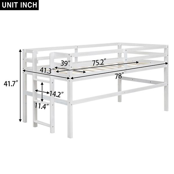 Wood Twin Size Loft Bed with Side Ladder, Antique White