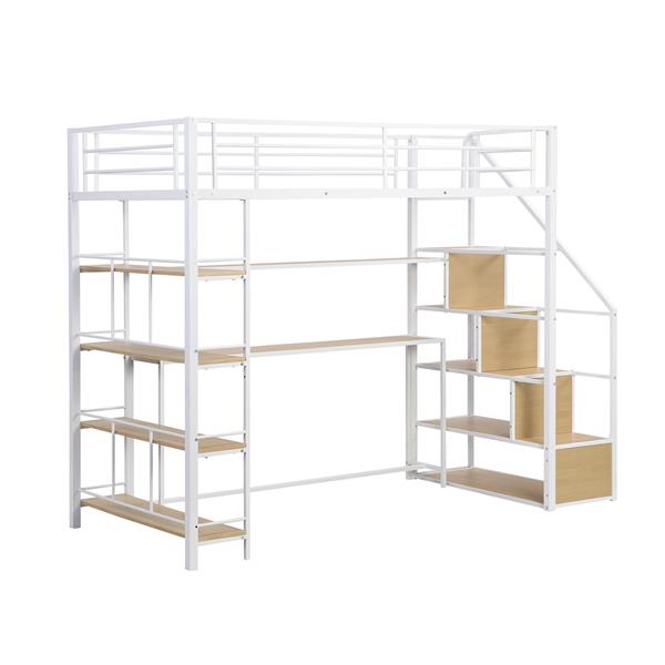 Twin Size Metal Loft bed with Staircase, Built-in Desk and Storage Shelves, White