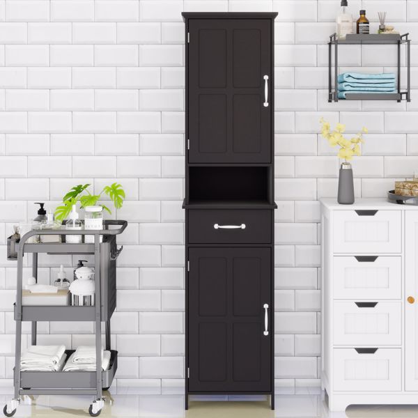 Double Door Narrow Height Slim Floor Standing Cabinet with 2 Adjustable Shelves-Black 