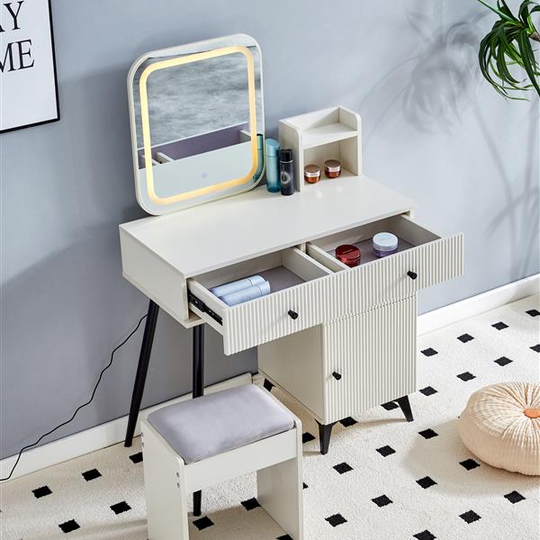 Fluted Makeup Vanity Desk with SQUARE LED  Mirror and Lights, Modern Glass Top Big Vanity Table with 4 Drawers & Adjustable Shelves, Dressing Table Set  with stools table with movable side table