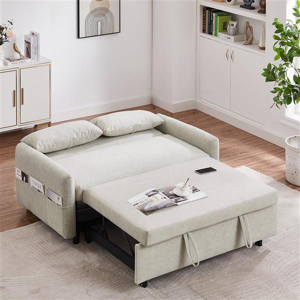 55.1" Pull Out Sleep Sofa Bed Loveseats Sofa Couch with Adjsutable Backrest, Storage Pockets, 2 Soft Pillows, USB Ports for Living Room, Bedroom, Apartment, Office, Beige