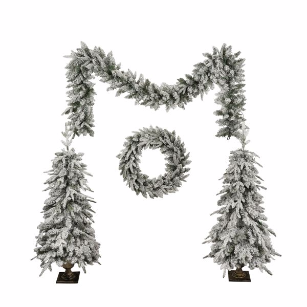 Pre-lit Christmas Artificial Tree 4-Piece Set, Garland, Wreath and Set of 2 Entrance Trees, X-mas with LED Lights, PVC Festival Celebration Set, Green 