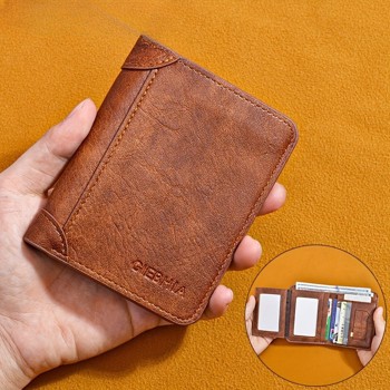 Blocking Trifold Genuine Leather Wallets for Men, Vintage Short Multi Function Credit Card Holder, Give Gifts to Men (Brown)