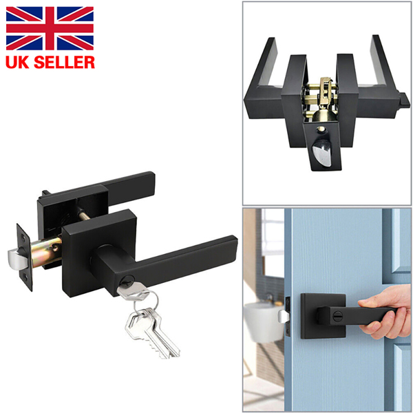 Black Bathroom Internal Door Handles and Latch Lock - Square Door Lever Set UK