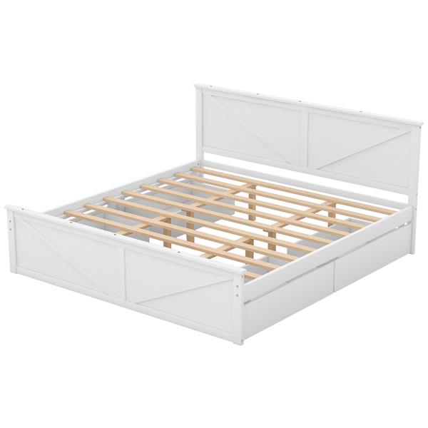 King Size Wooden Platform Bed with Four Storage Drawers and Support Legs, White