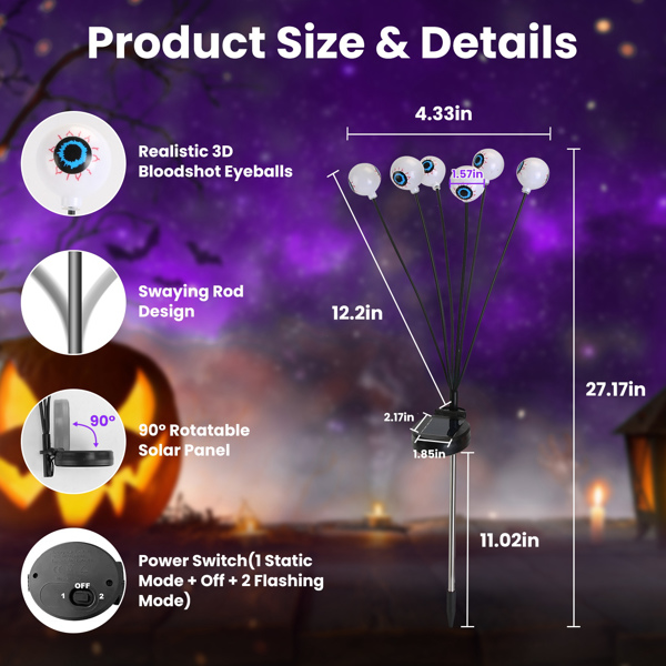 4Packs Solar Scary Eyeballs Lights Outdoor Halloween Decoration Swaying Light Halloween Path Lights Ornaments with Total 24LED IP65 Waterproof for Yard Garden Patio Party Decor（green+purple）