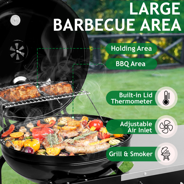 110*45*110cm Portable Charcoal Grill with Wheels and Sidetable, Large BBQ Smoker with Adjustable Vents on Lid for Outdoor Party Camping Picnic