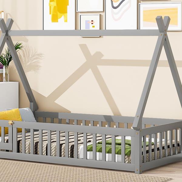 Twin Tent-shaped Floor Bed, with Guardrails, Slats, Door ,Grey