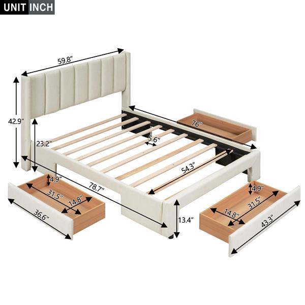 Full Size Upholstered Platform Bed with One Large Drawer in the Footboard and Drawer on Each Side,Beige