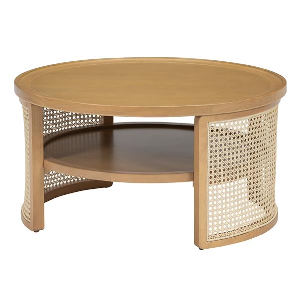 2-Tiered Round Natural Wood Coffee Table with Storage Rattan Base in 31.3''