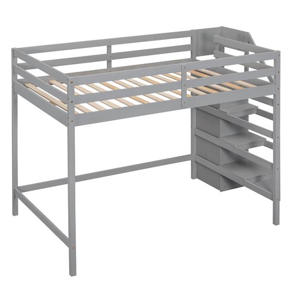 Full Size Loft Bed with Built-in Storage Wardrobe and Staircase, Gray