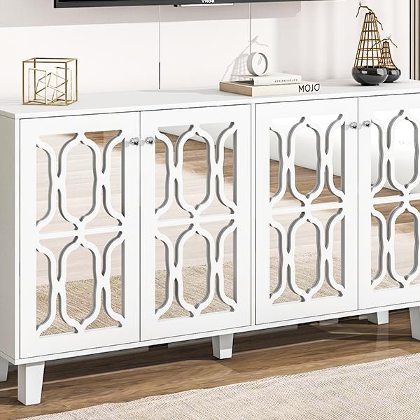 Buffet Cabinet with Adjustable Shelves, 4-Door Mirror Hollow-Carved TV stand for TVs Up to 70'', Multi-functional Console Table with Storage Credenza Accent Cabinet for Living Room, White