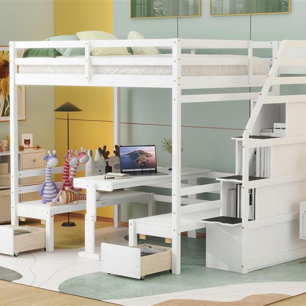 Full over Full Size Bunk with staircase,the Down Bed can be Convertible to Seats and Table Set,White