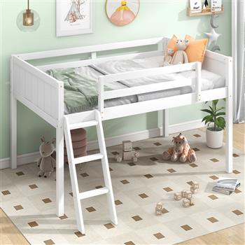 Twin Size Wood Low Loft Bed with Ladder, ladder can be placed on the left or right, White