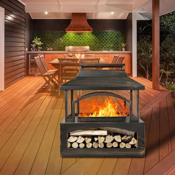 37-Inch Rectangular Metal Outdoor Wood Burning Fireplace - Outdoor Fireplace with Built-in Log Storage and Poker-Brushed Bronze,Log Burner Fire Pit for Patio Garden And Backyard 