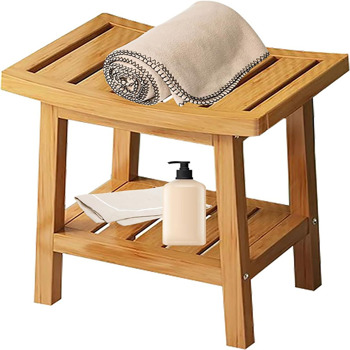 Bamboo Shower Bench, Wooden Spa Bath Deluxe Organizer Shower Stool for Inside Shower Waterproof, Bathroom Bench Seat for Adults Elderly Seniors for Indoor or Outdoor Use