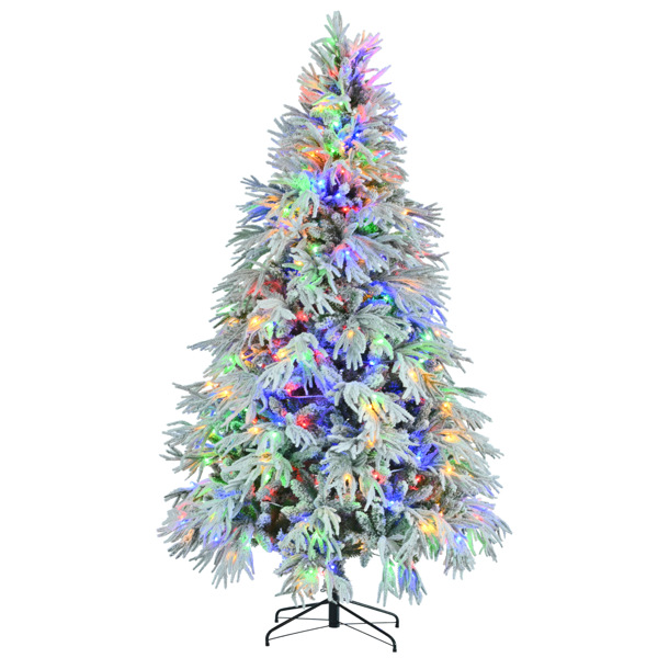 7.5FT Pre-Lit Spruce Snow Flocked Christmas Tree, Artificial Hinged Xmas Tree with 350 Multi-Color LED Lights, 8 Flashing Modes &1389 Snow Branch Tips, Holiday Office Home Décor 