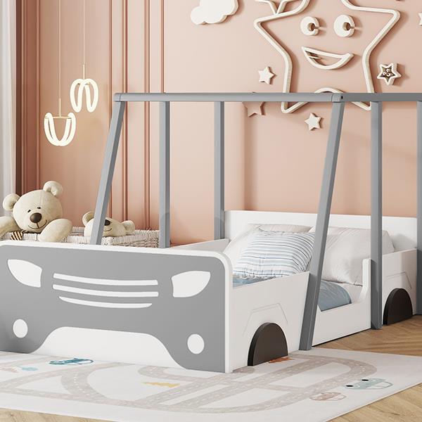 Twin Size Car-shaped Bed with Roof,Wooden Twin Floor Bed with wheels and door Design,Montessori Inspired Bedroom,Grey