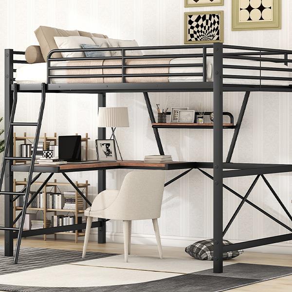 Full Size Loft Metal&MDF Bed with Desk and Shelf, Black