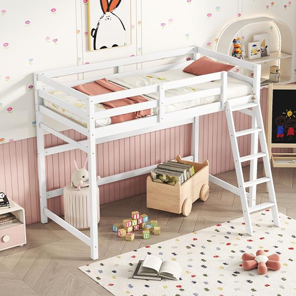 Twin Size High Loft Bed with inclined Ladder, Guardrails,White