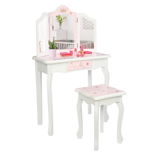 Wooden Toy Children's Dressing Table Three Foldable Mirror/Chair/Single Drawer Pink Star Style