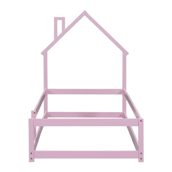 Twin Size Wood bed with House-shaped Headboard Floor bed with Fences,Pink