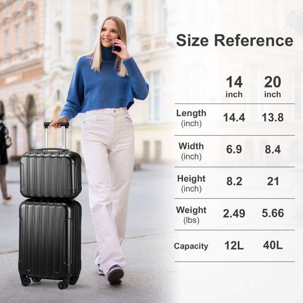 2 Piece Luggage Set, 20" Carry-On Expandble Luggage Hardside Lightweight Suitcase, 14" Mini Cosmetic Cases