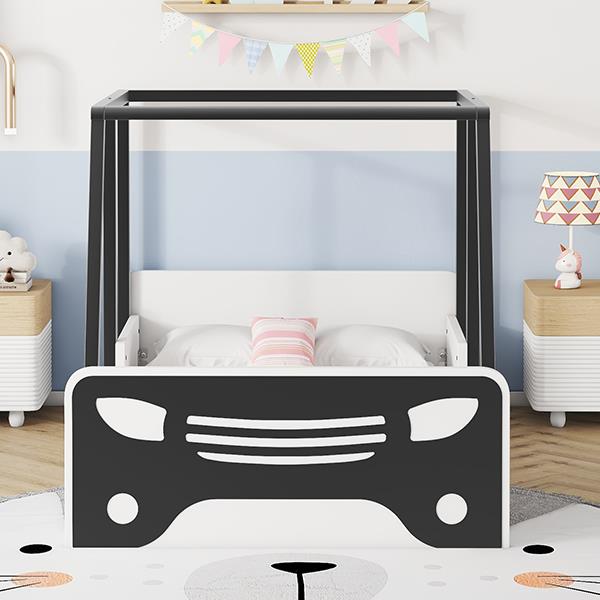 Twin Size Car-shaped Bed with Roof,Wooden Twin Floor Bed with wheels and door Design,Montessori Inspired Bedroom,Black