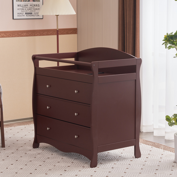 【Old Code:62594198】90*58*99cm Three Drawers With Seat Belt Baby Wooden Bed Nursing Table Brown