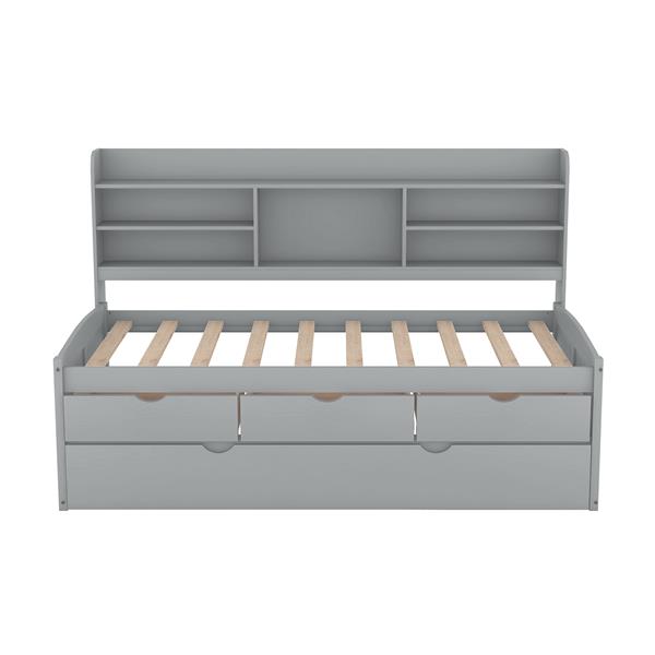 Twin Size Wooden Captain Bed with Built-in Bookshelves,Three Storage Drawers and Trundle,Light Grey